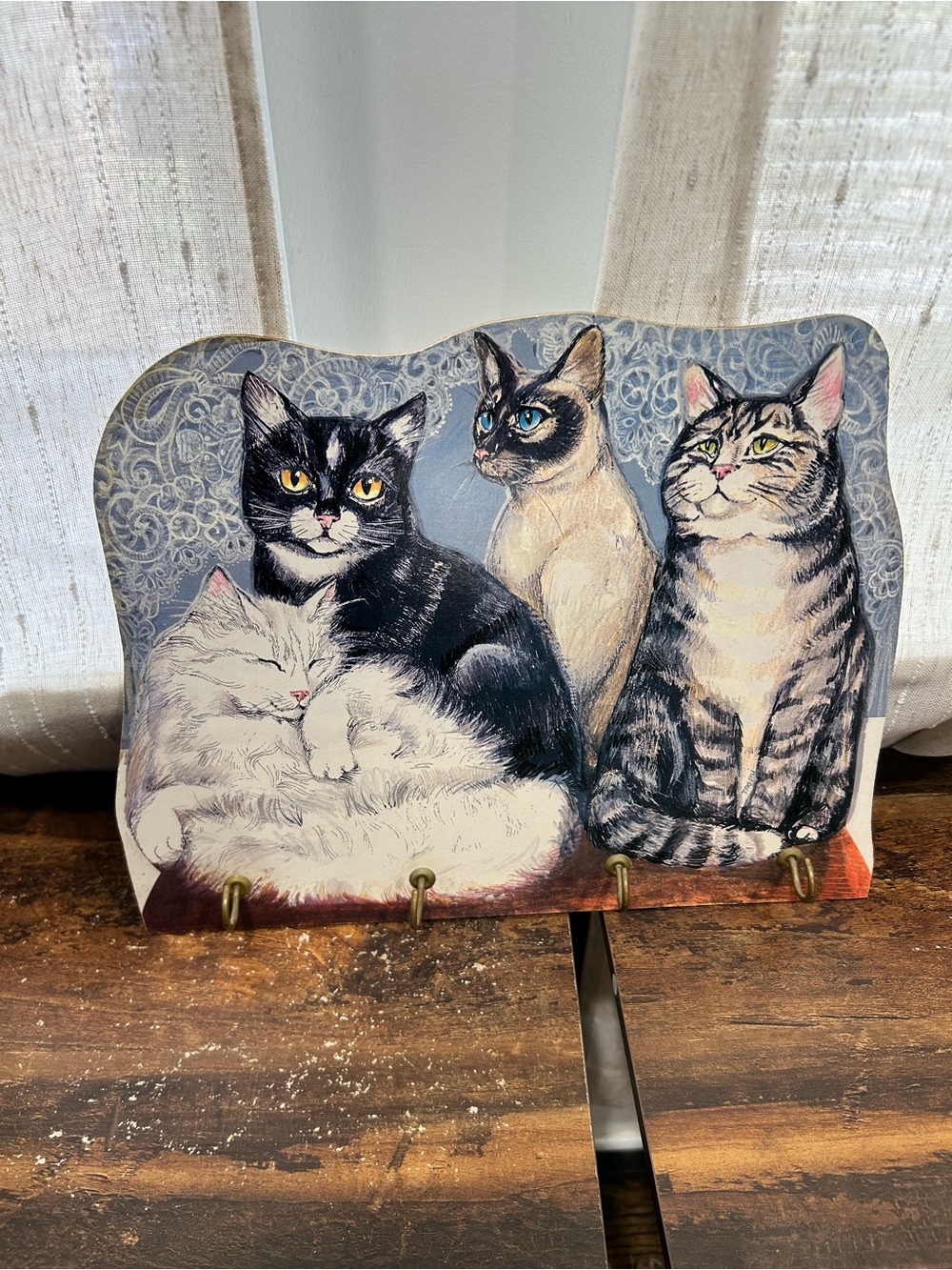 Vintage Stupell Industries Wooden Cat Wall Plaque Key Rack Hanger – 4 Hooks